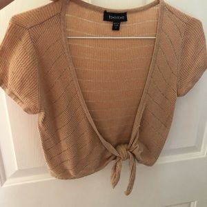 BEBE tan crop tie front cardigan